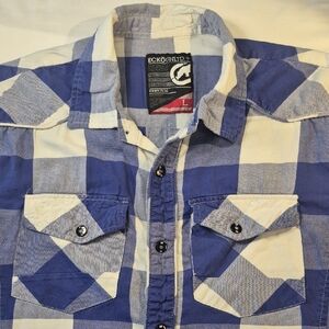 Ecko Unlimited Snap-Down Long Sleeve Blue and White Checkered Men's Shirt